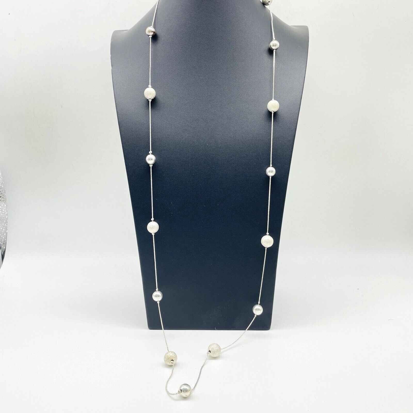 Signed Alfani Long Silver Tone Station Necklace Faux Pearl Bead